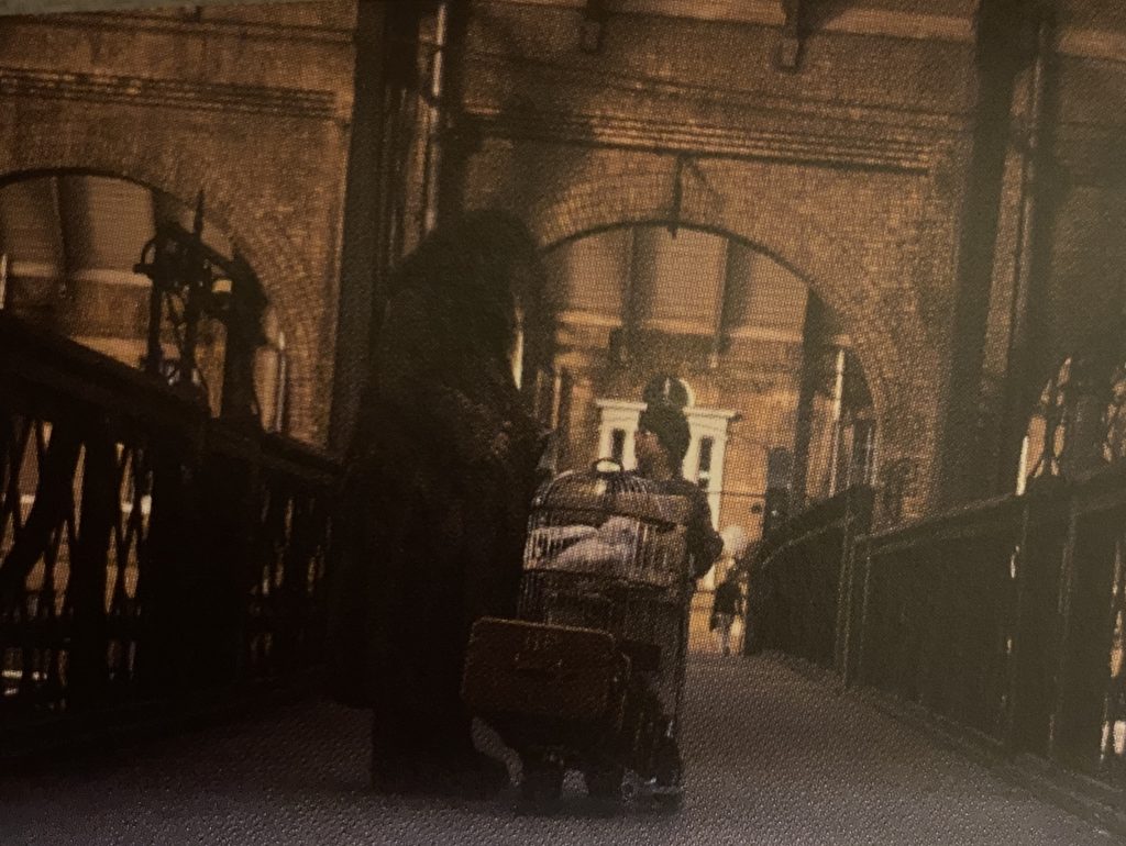 映画「ハリー・ポッターと賢者の石」のワンシーン。ハグリッドがハリーにホグワーツ行きの切符を渡すシーン。